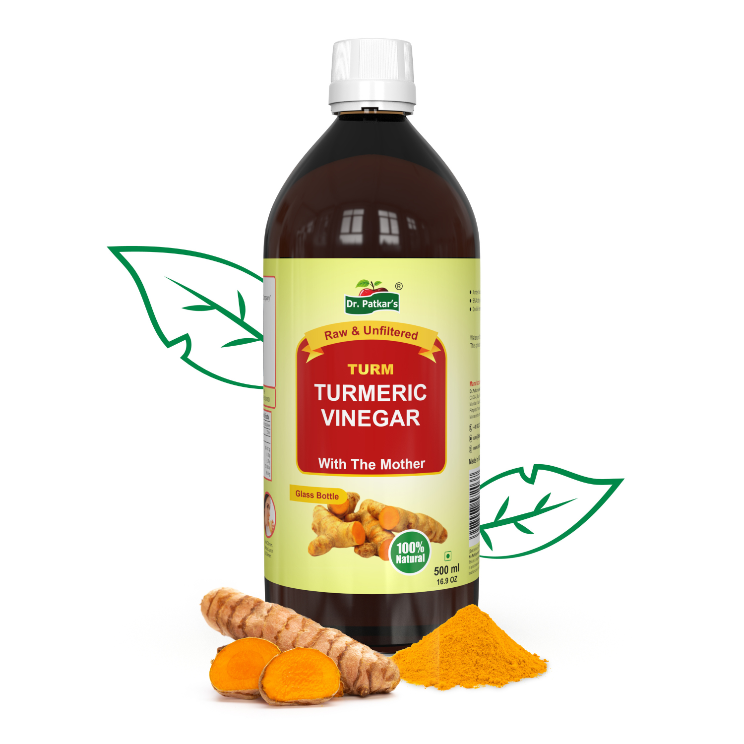 Dr. Patkar's Turmeric Vinegar with Turmeric & Black Pepper Extracts (Piperine)| Unfiltered & Undiluted | Immunity Booster| Anti-Inflammatory |Suitable for IBS & PCOS/PCOD | With Natural Curcumin Extracts (With Mother) 500ML